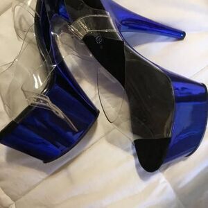 Pleasers 7 inch platform stilettos.   Blue Clear Strap Platform High Heels